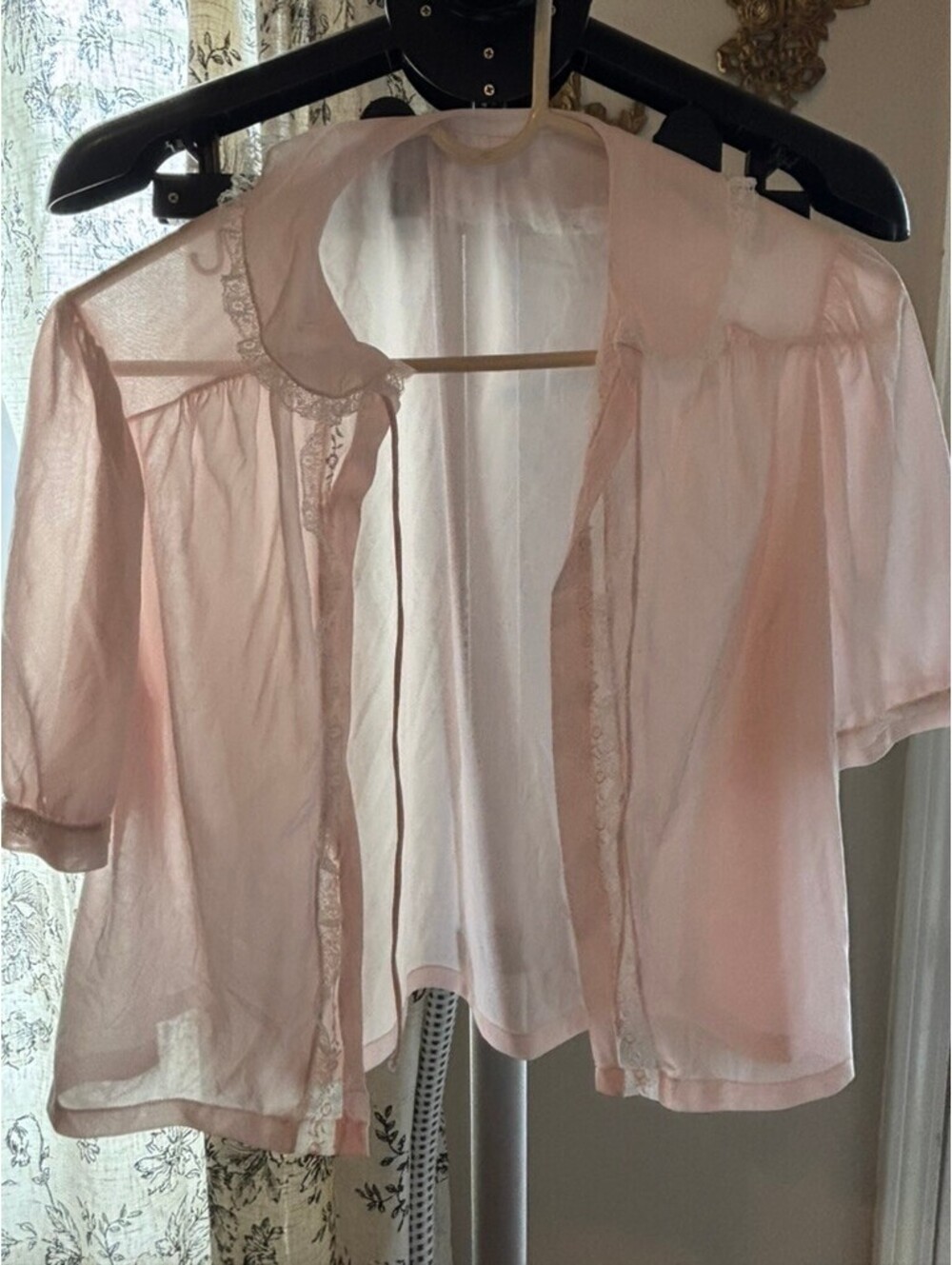 Vintage Sheer Pink Bed Jacket | Lace Trim Tie Front Lingerie Top